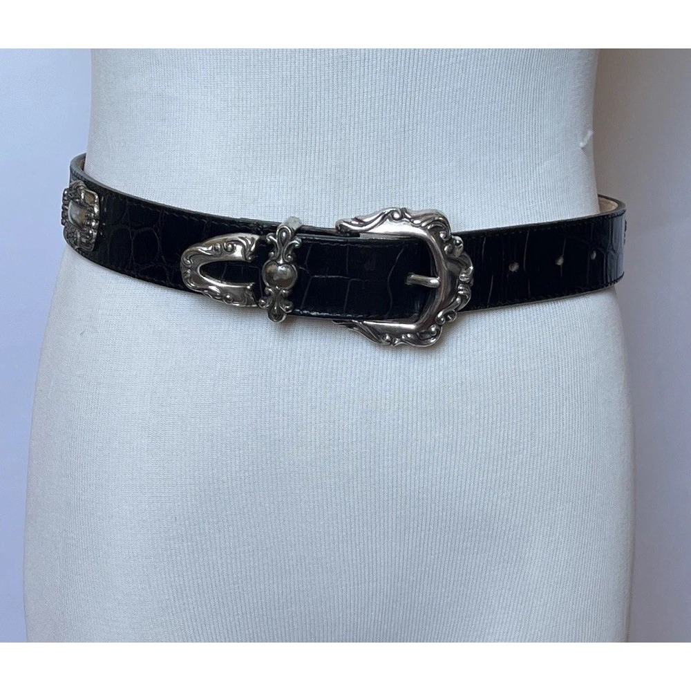 Vtg 1993 Wmns Brighton Leather Croc Embossed Black Belt Style 42203 Size Small